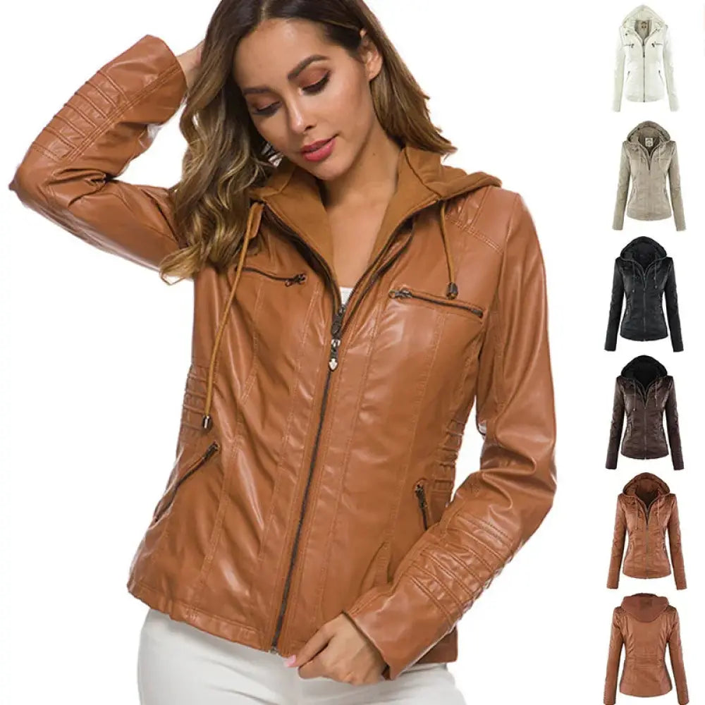 Women's Hooded Faux Leather Jacket with Detachable Hood