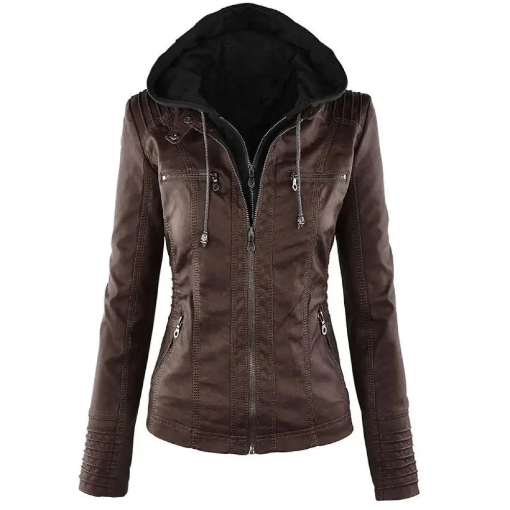 Women's Hooded Faux Leather Jacket with Detachable Hood
