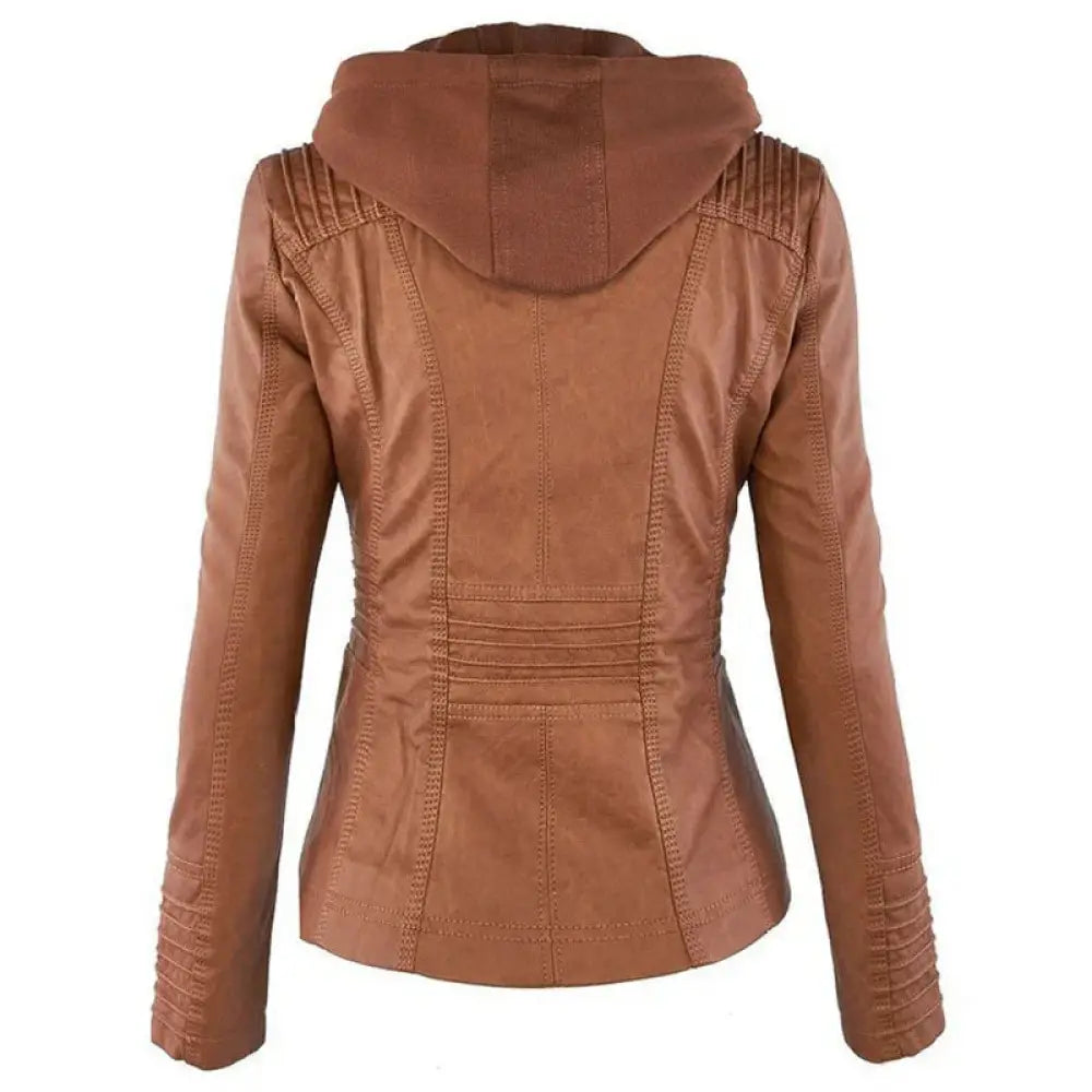 Women's Hooded Faux Leather Jacket with Detachable Hood