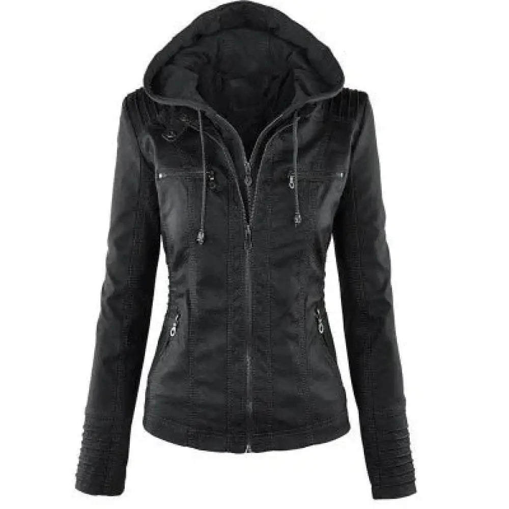 Women's Hooded Faux Leather Jacket with Detachable Hood