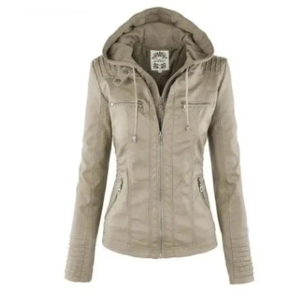 Women's Hooded Faux Leather Jacket with Detachable Hood