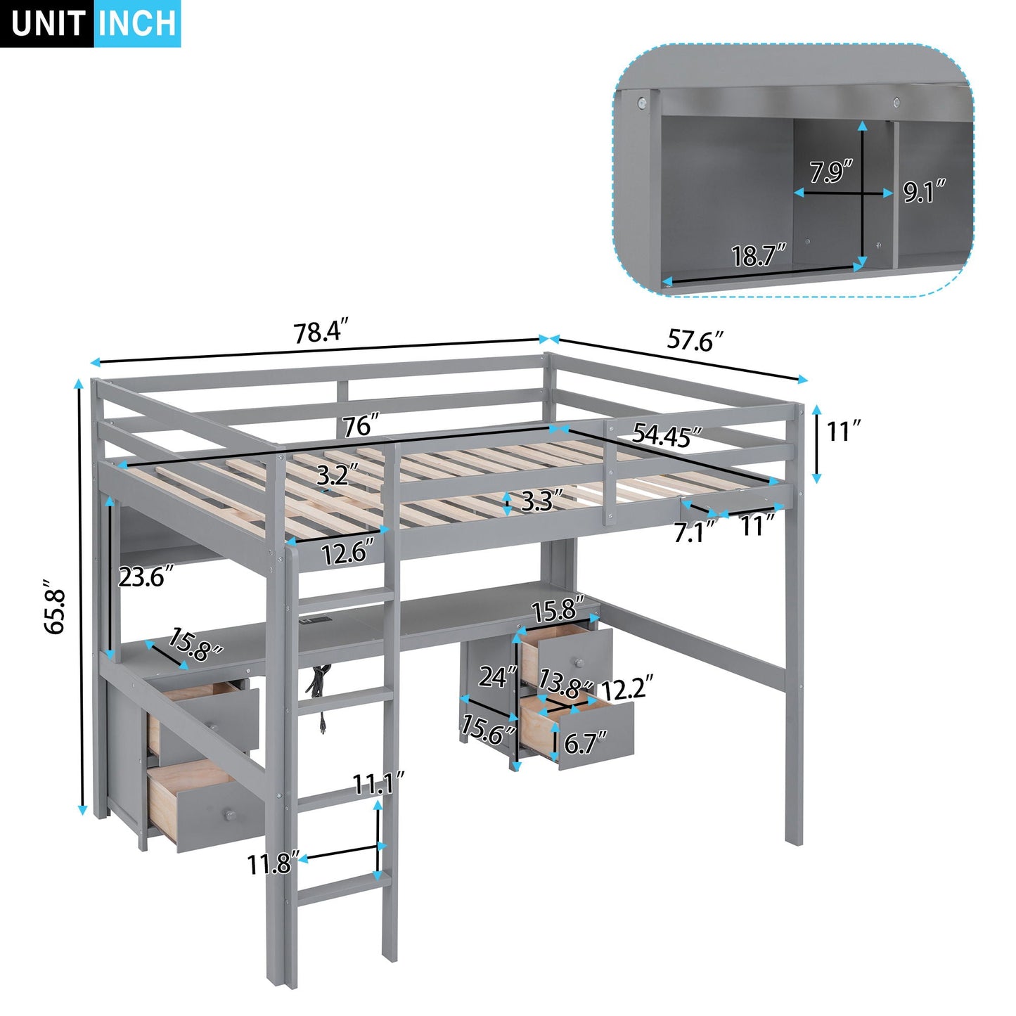 Loft Bed With Desk, Cabinets, Drawers, Charging Station And Bedside Tray