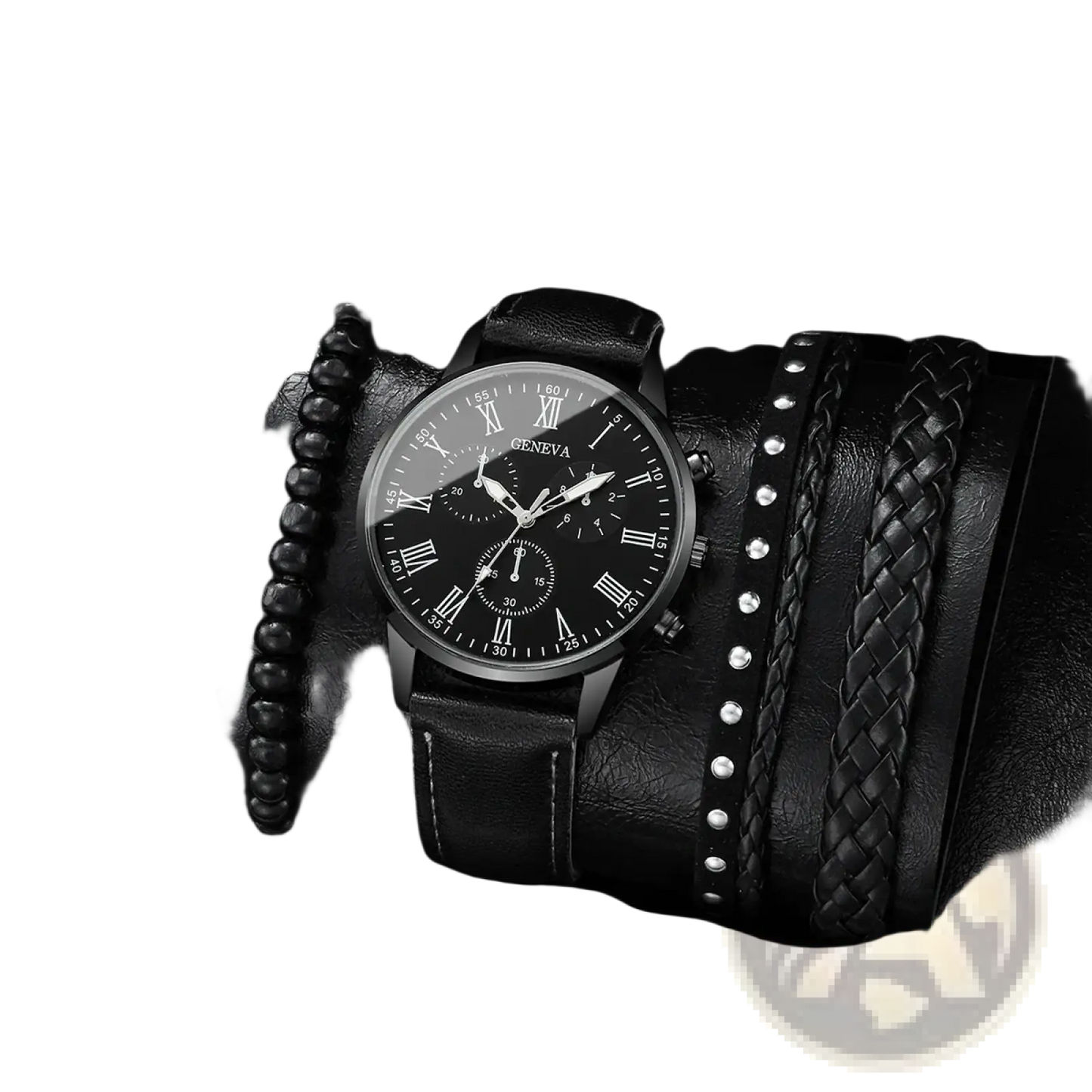 Geneva Men Black Leather Quartz Dress Watch