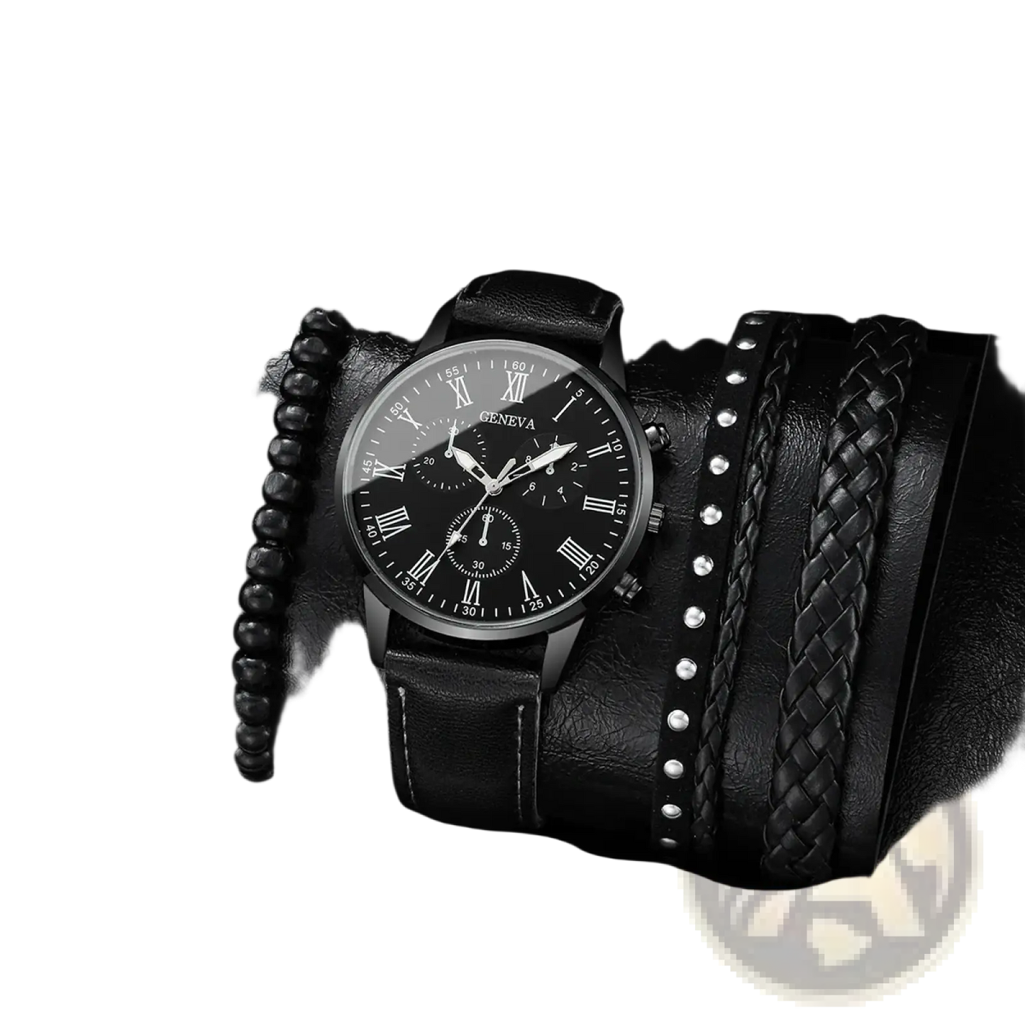 Geneva Men Black Leather Quartz Dress Watch