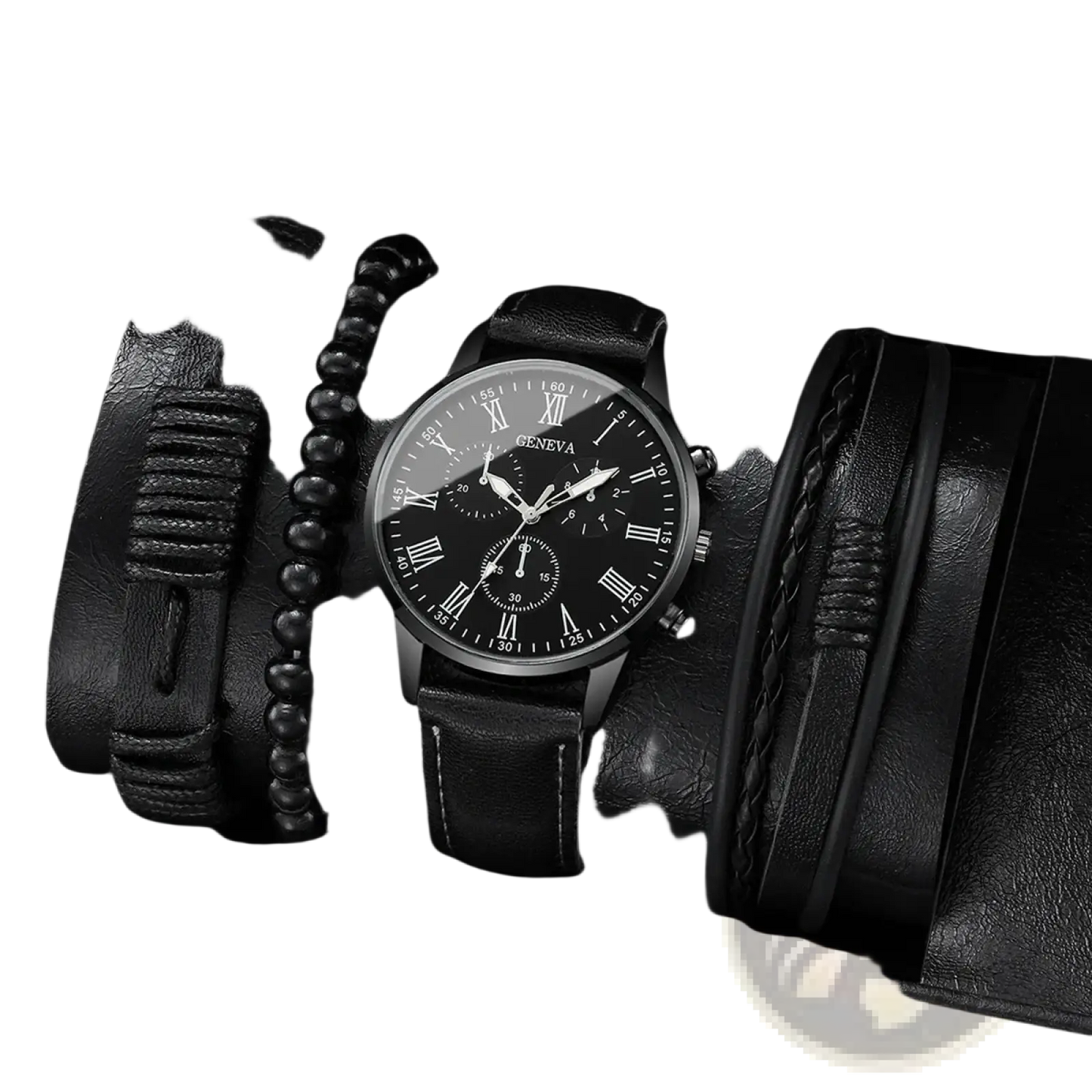 Geneva Men Black Leather Quartz Dress Watch