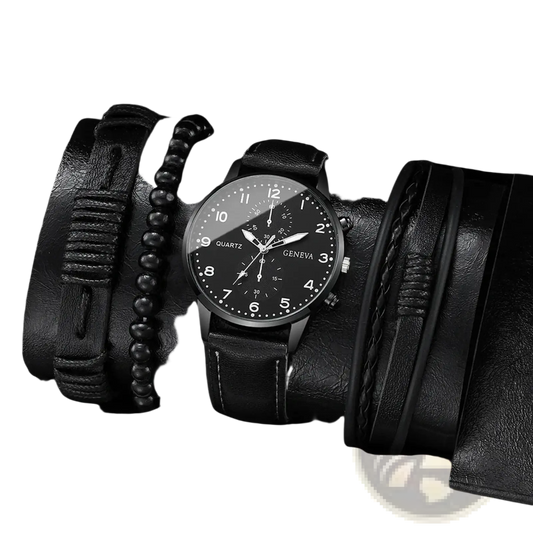 Geneva Men Black Leather Quartz Dress Watch