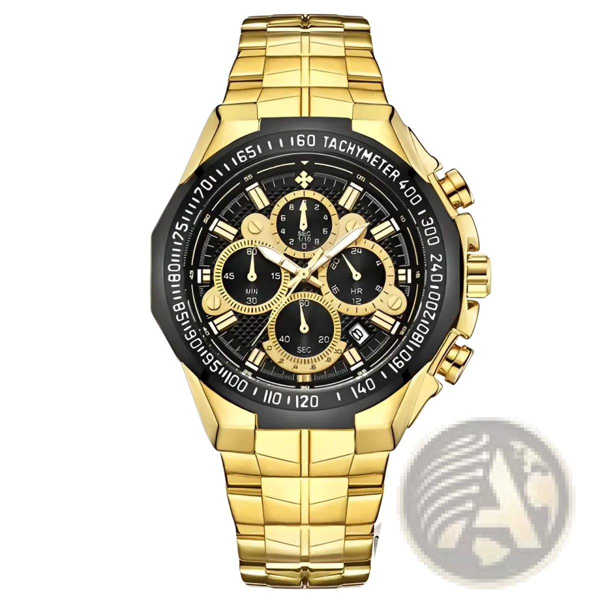 Gold Chronograph Watch Men Stainless Steel Luxury Timepiece