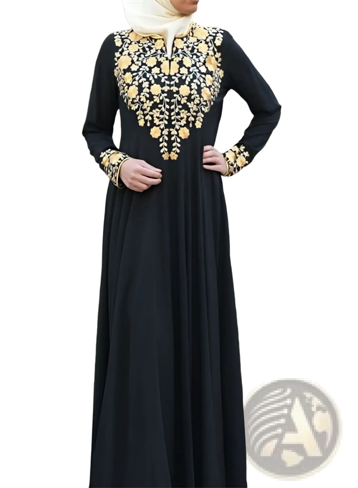 Gold Embroidered Beige Cotton Abaya Dress