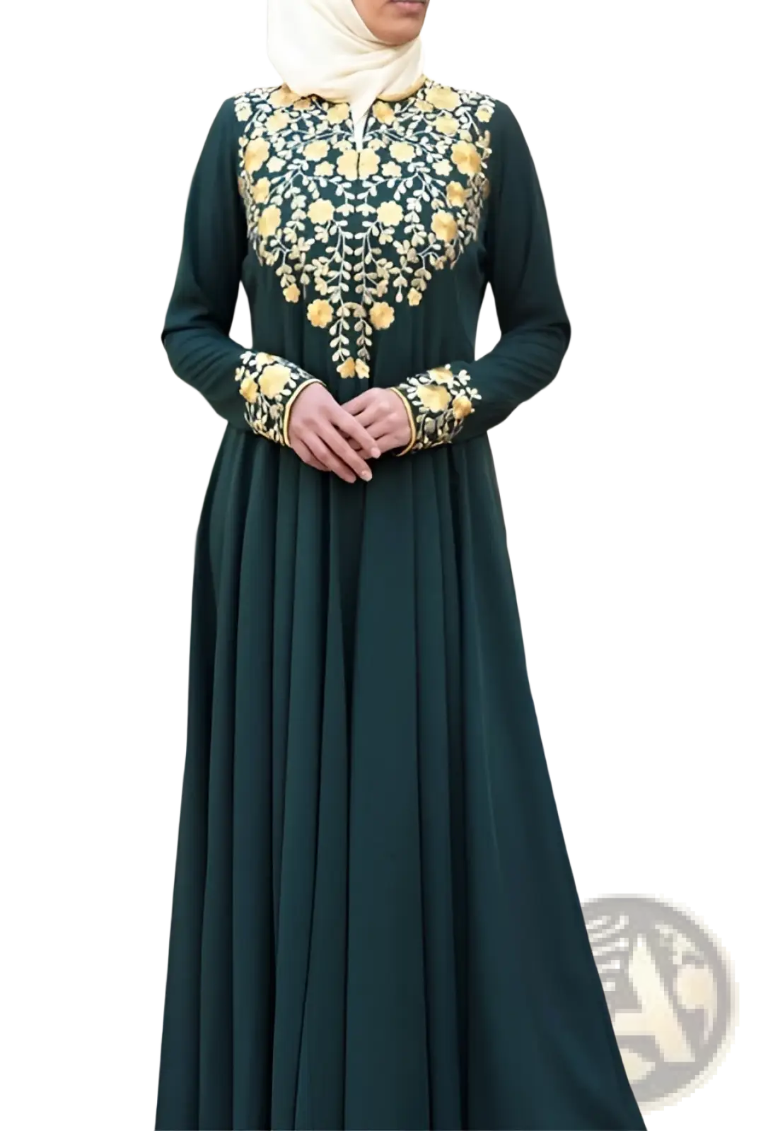 Gold Embroidered Beige Cotton Abaya Dress