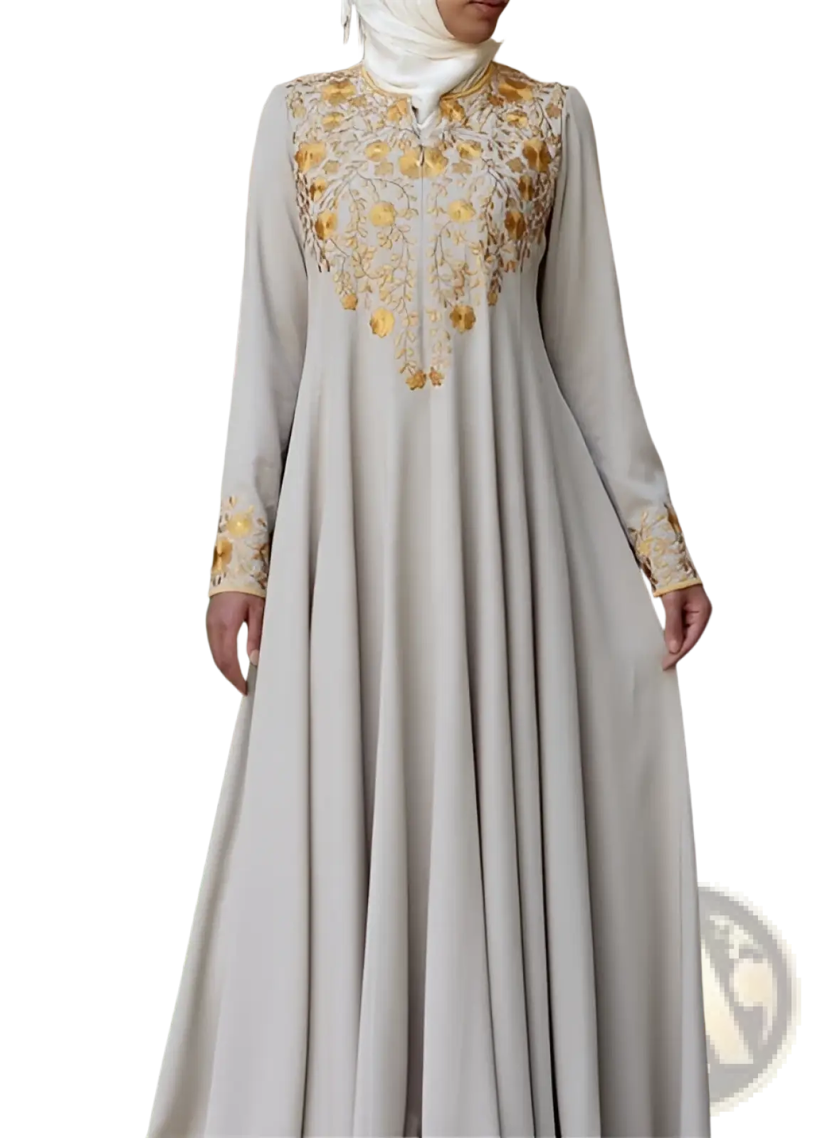 Gold Embroidered Beige Cotton Abaya Dress