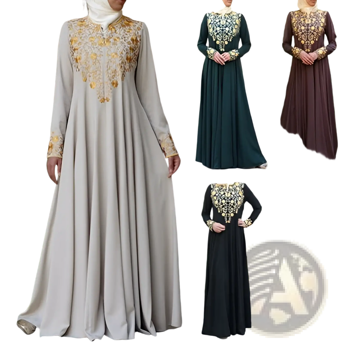 Gold Embroidered Beige Cotton Abaya Dress