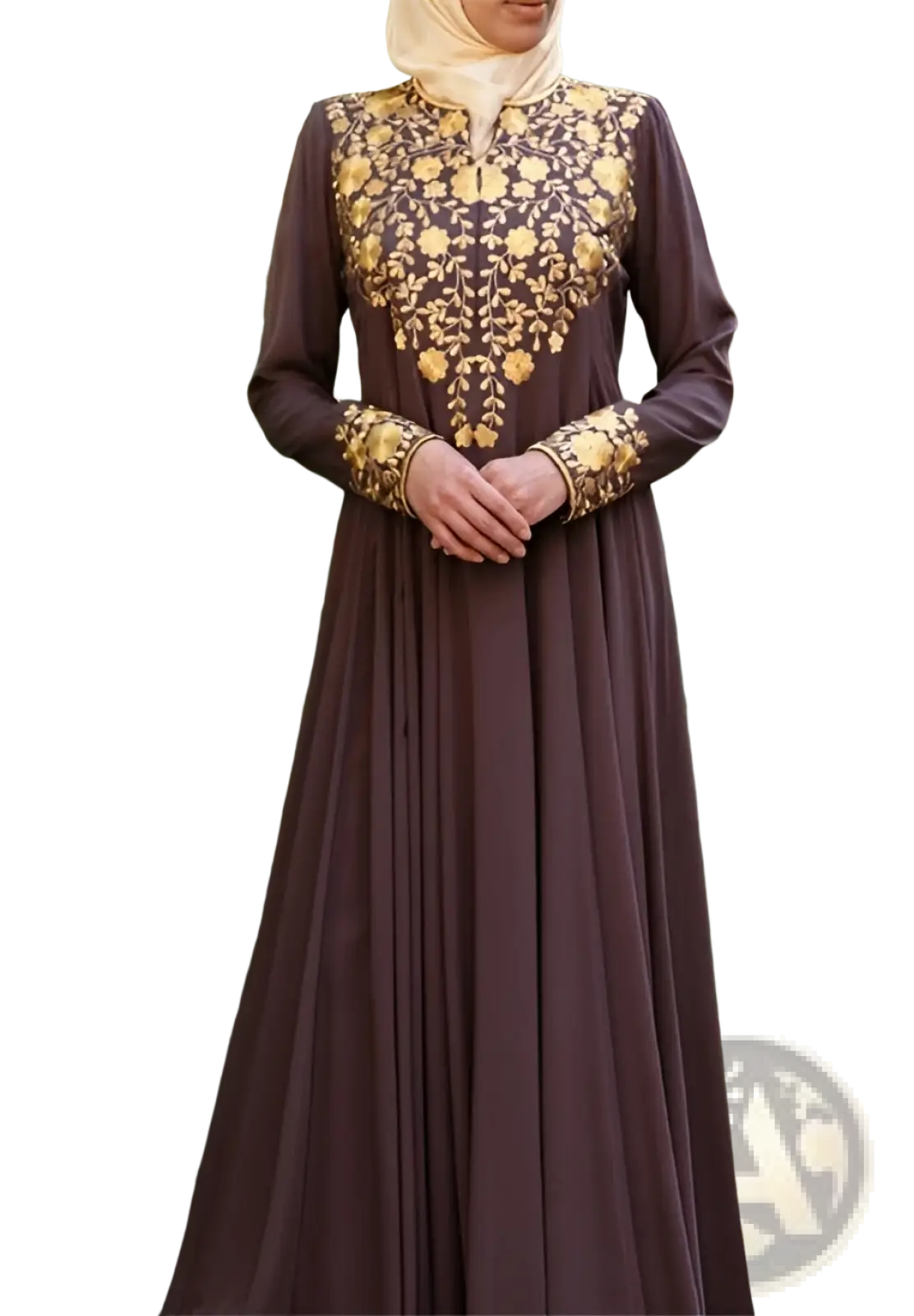 Gold Embroidered Beige Cotton Abaya Dress