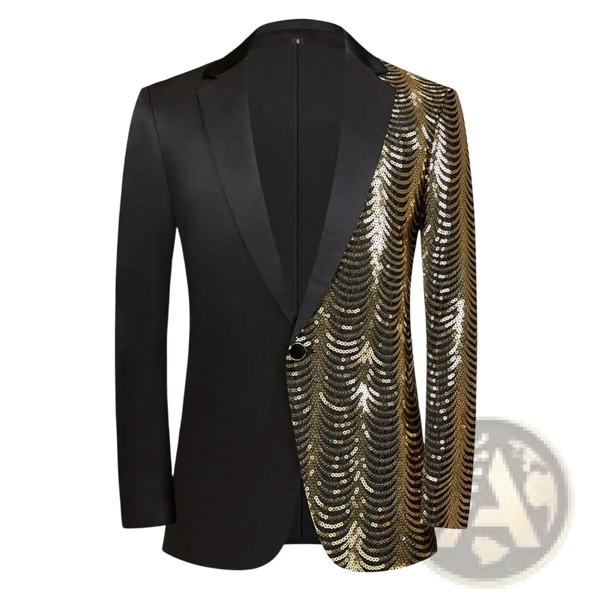 Gold Sequin Sleeve Black Satin Blazer Men
