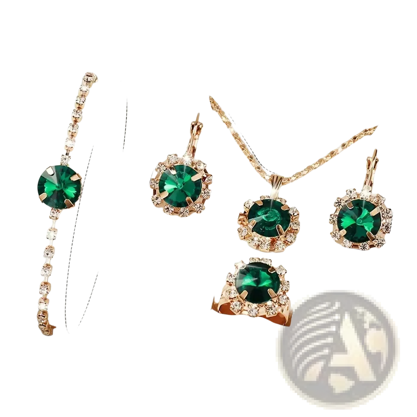 Green Quartz Watch and Jewelry Set for Women