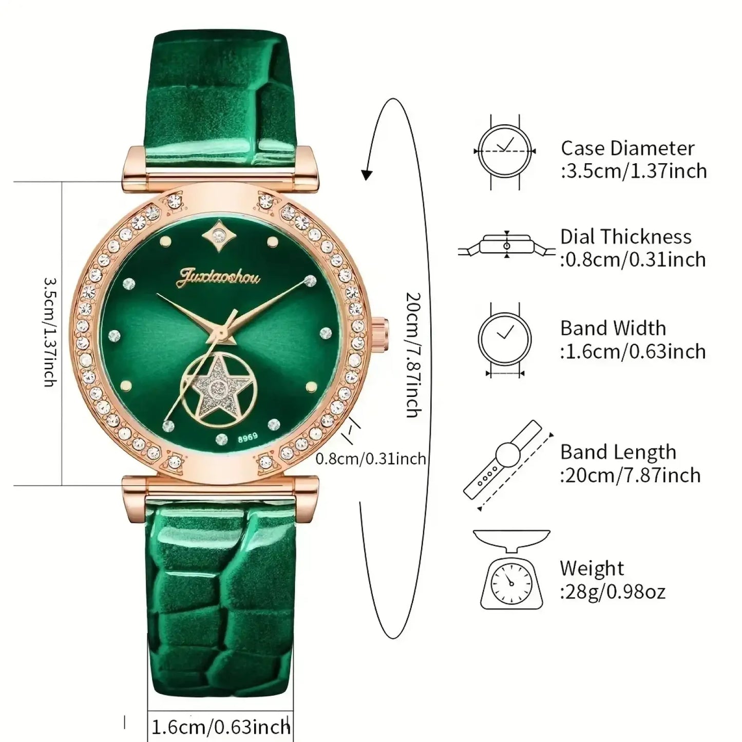 Green Quartz Watch and Jewelry Set for Women