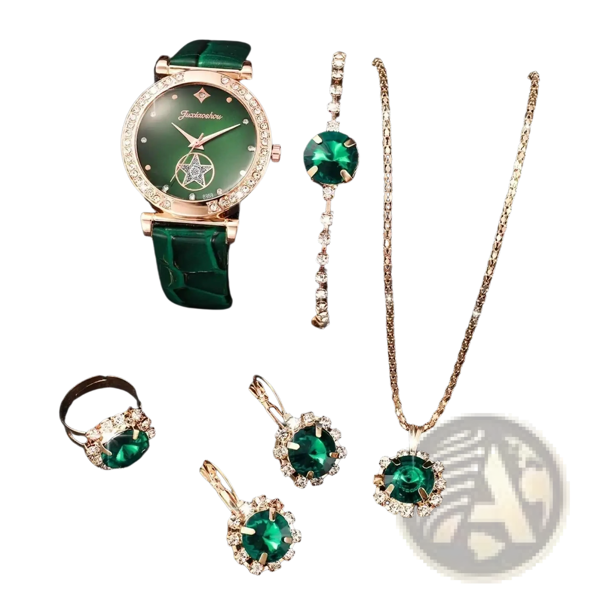 Green Quartz Watch and Jewelry Set for Women