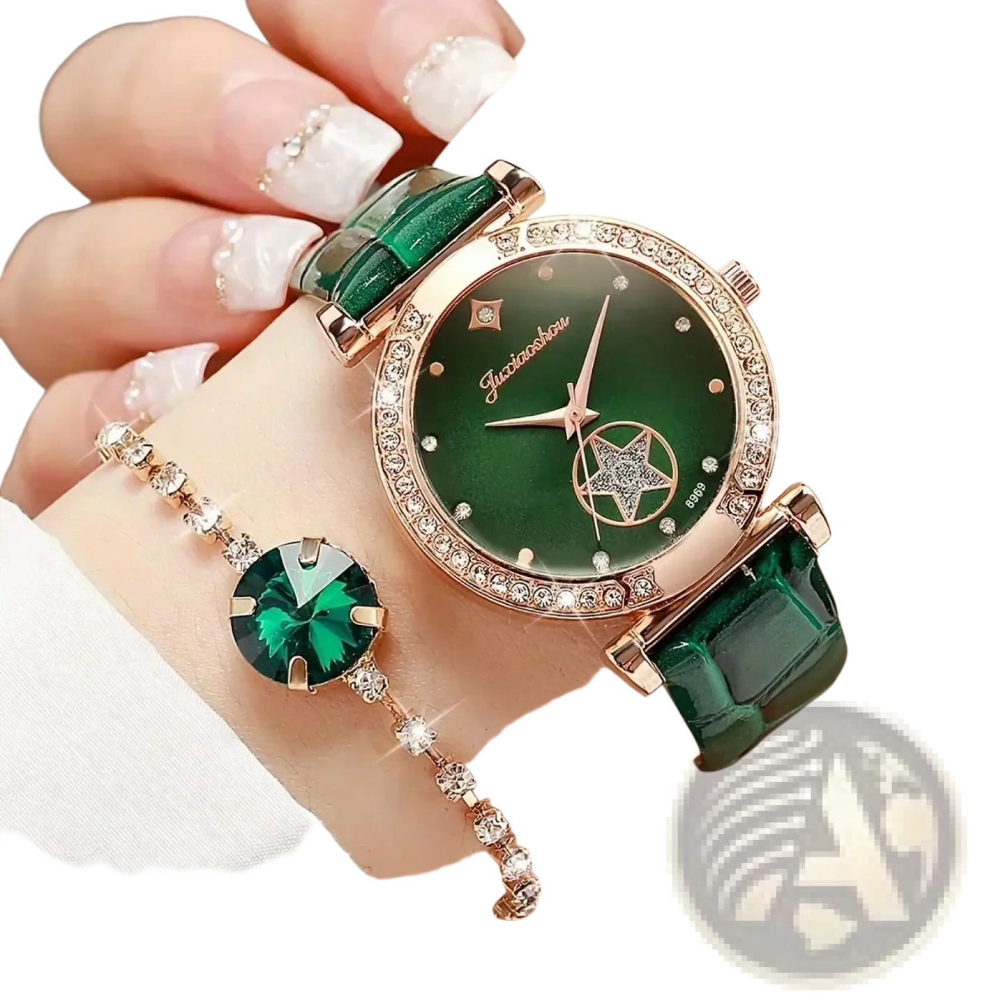Green Quartz Watch and Jewelry Set for Women