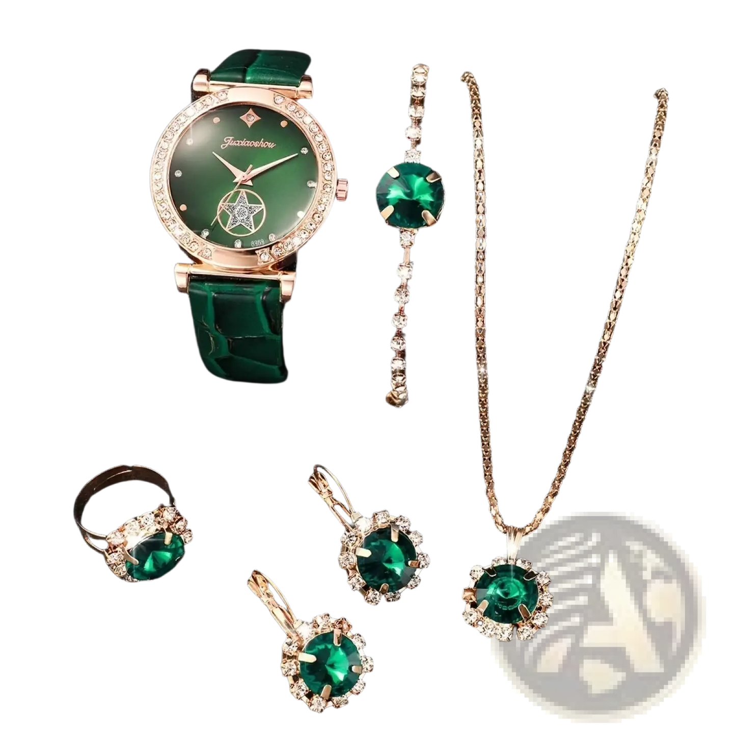 Green Quartz Watch and Jewelry Set for Women