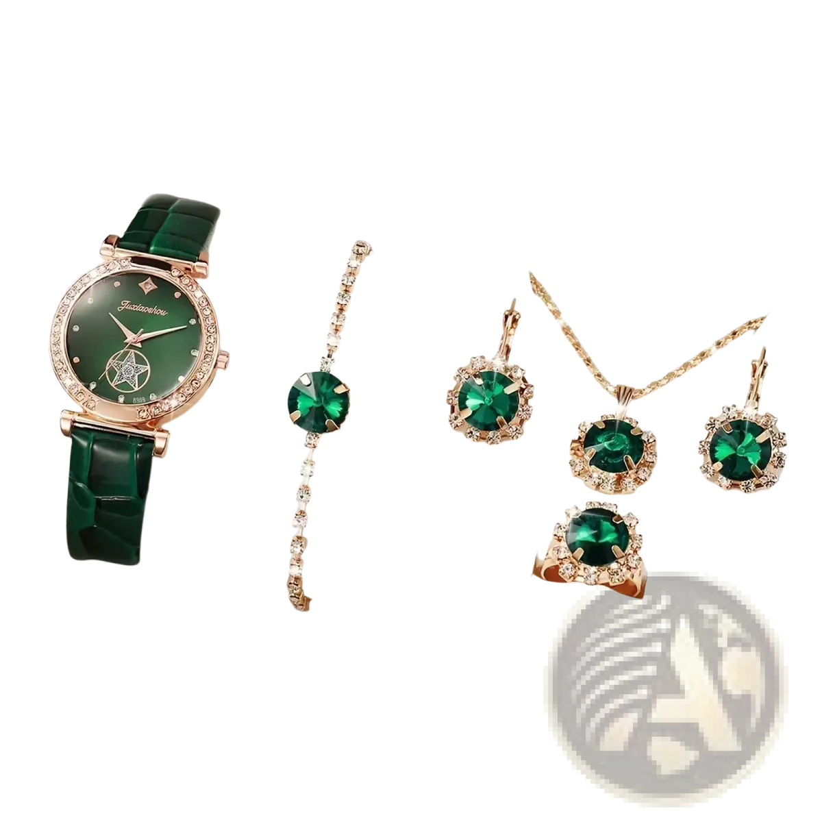 Green Quartz Watch and Jewelry Set for Women