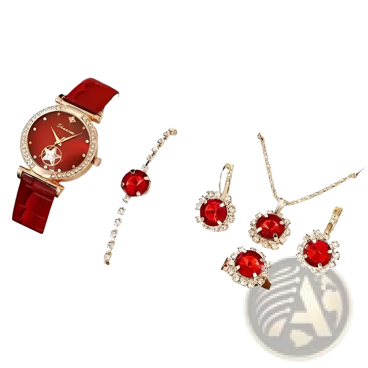 Green Quartz Watch and Jewelry Set for Women