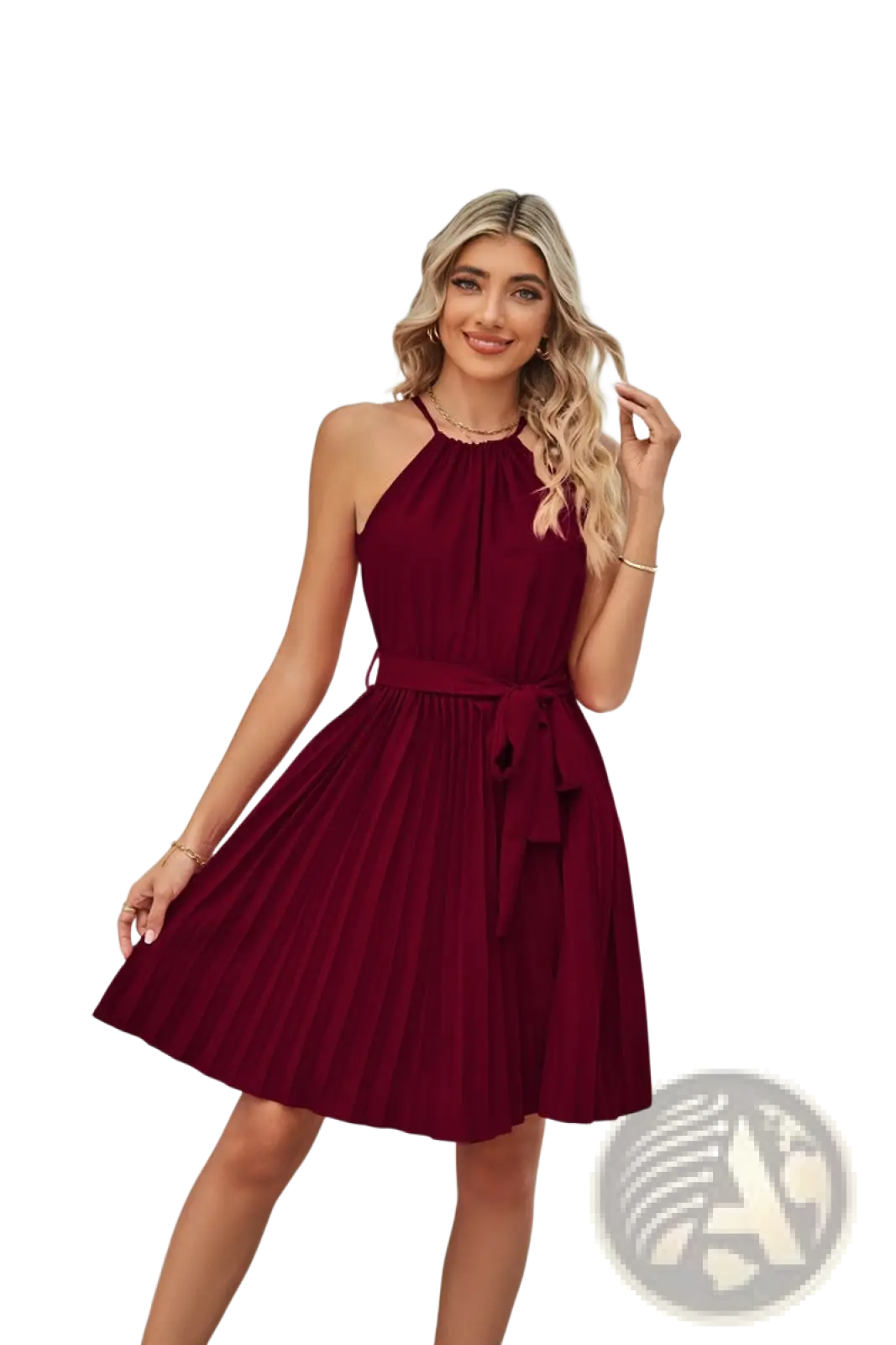 Halter Neck Pleated Chiffon Mini Dress with Belt