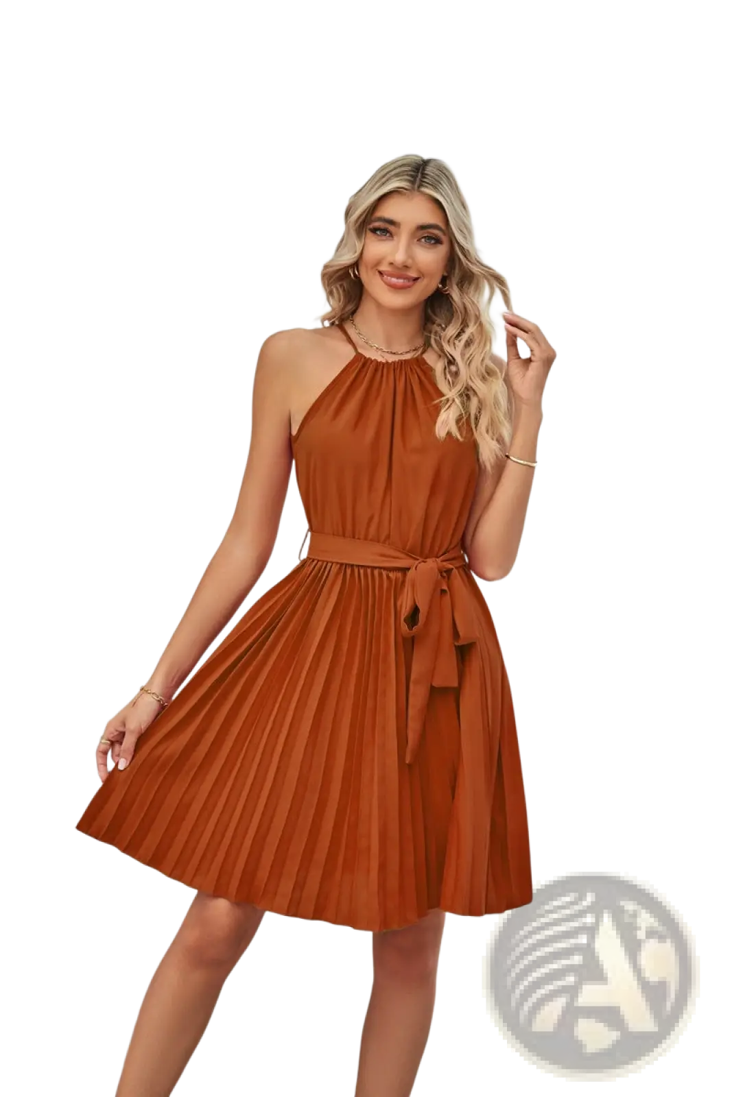 Halter Neck Pleated Chiffon Mini Dress with Belt