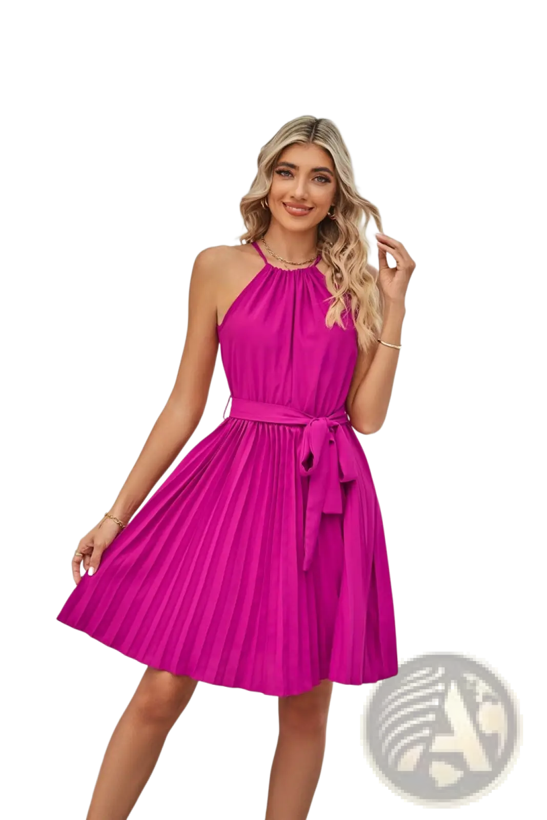 Halter Neck Pleated Chiffon Mini Dress with Belt
