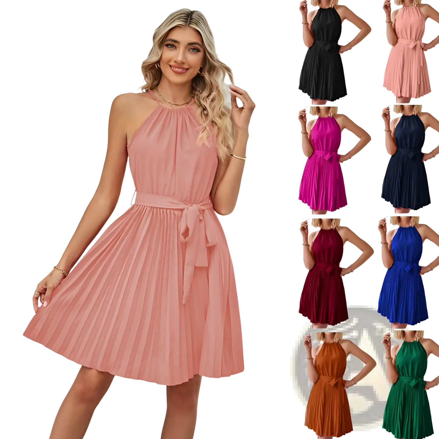 Halter Neck Pleated Chiffon Mini Dress with Belt