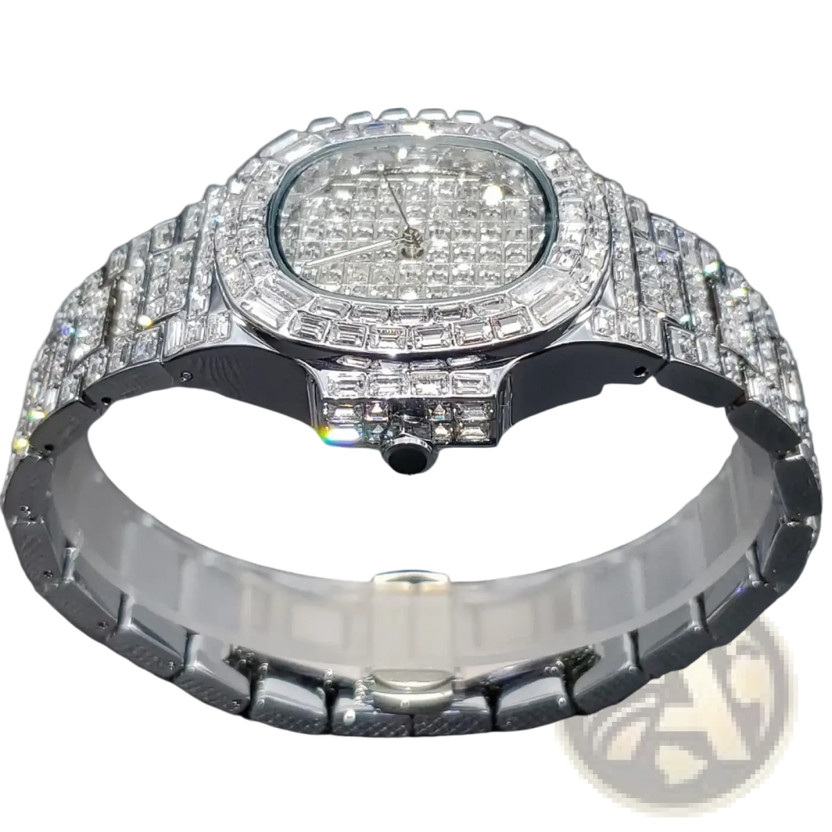 Iced out Diamond Quartz Watch for Men Silver Stainless Steel