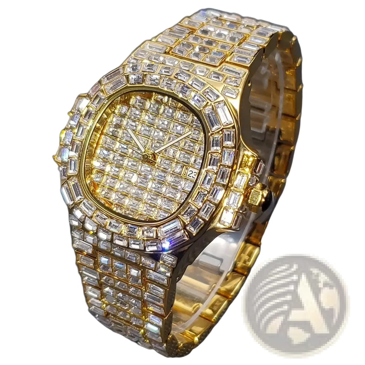 Iced out Diamond Quartz Watch for Men Silver Stainless Steel