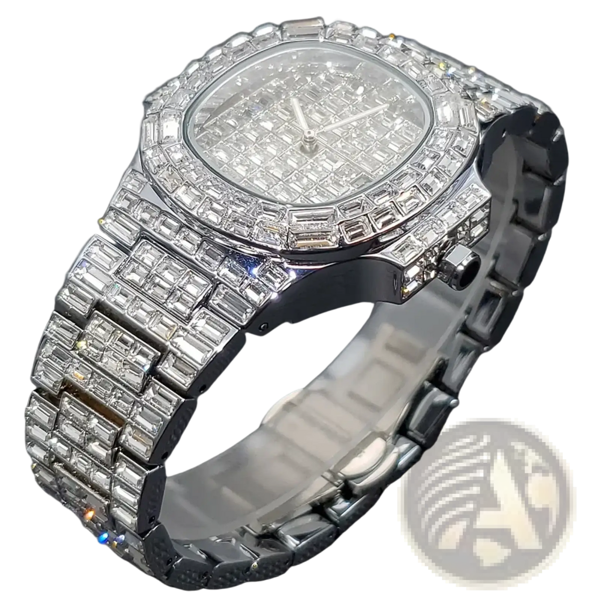Iced out Diamond Quartz Watch for Men Silver Stainless Steel