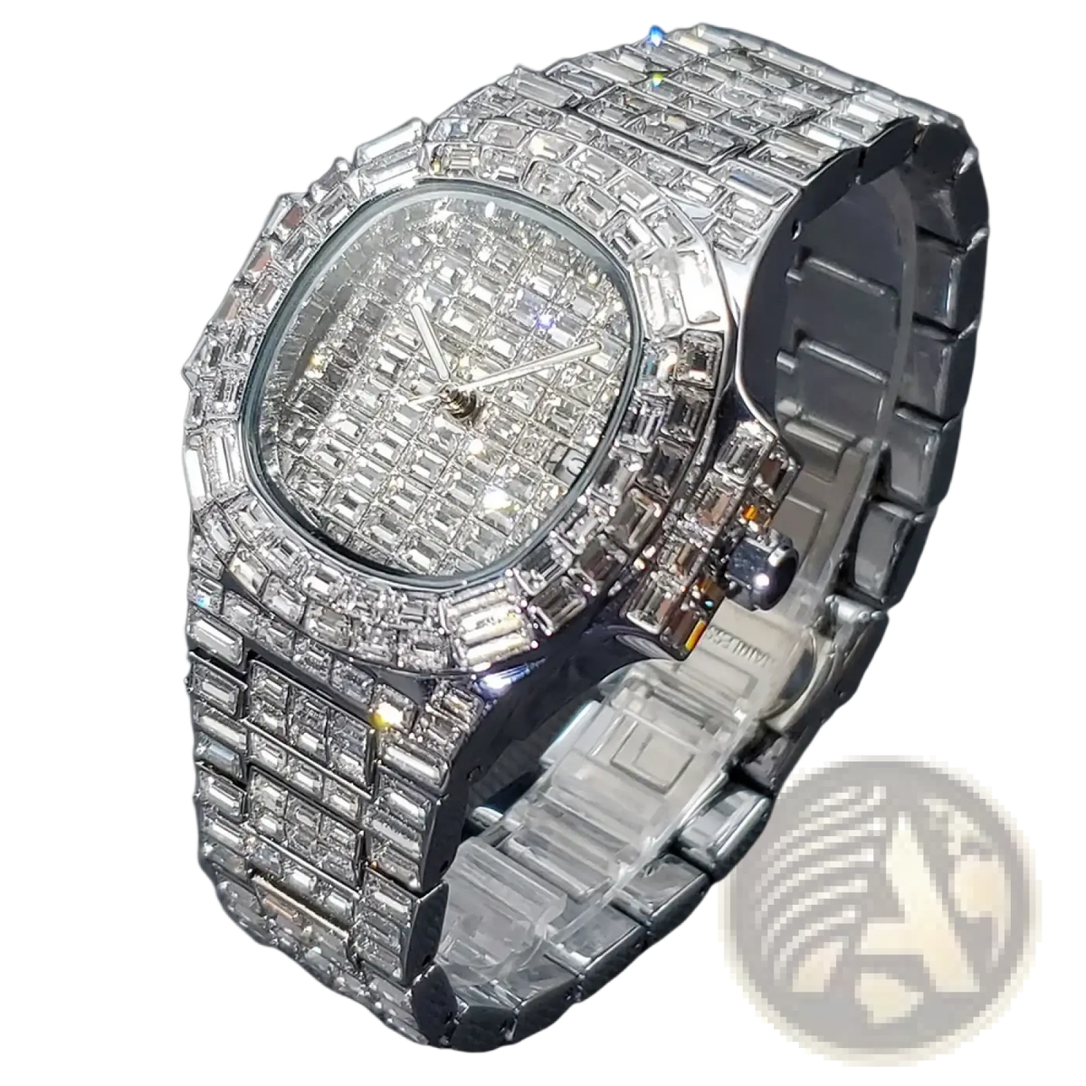 Iced out Diamond Quartz Watch for Men Silver Stainless Steel
