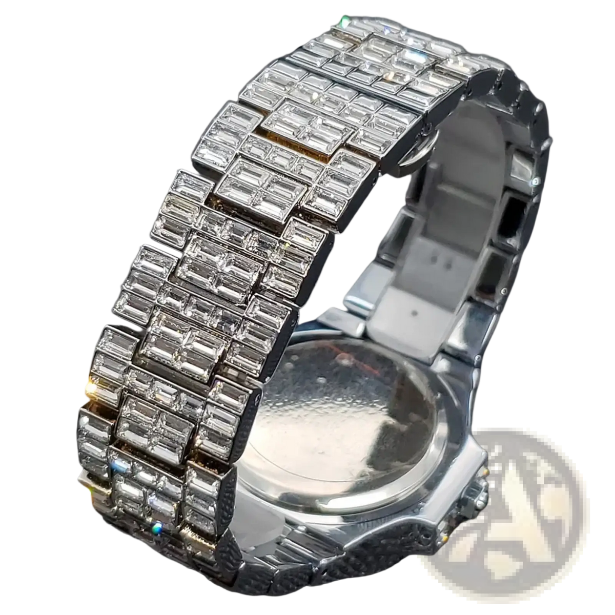 Iced out Diamond Quartz Watch for Men Silver Stainless Steel