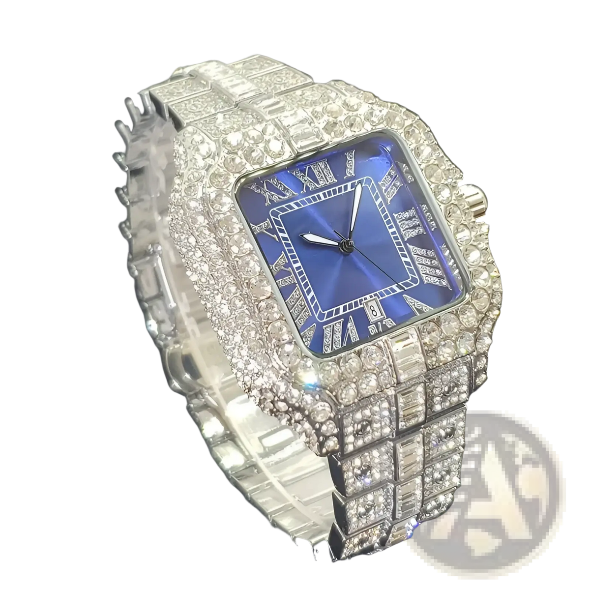 Iced out Diamond Square Watch for Men Silver Blue