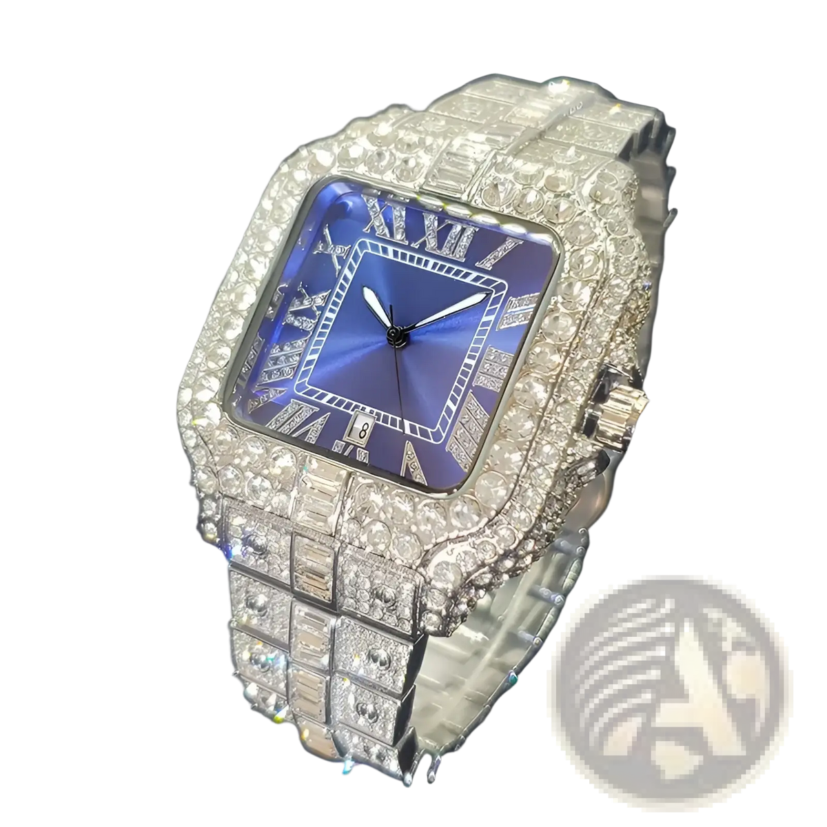 Iced out Diamond Square Watch for Men Silver Blue