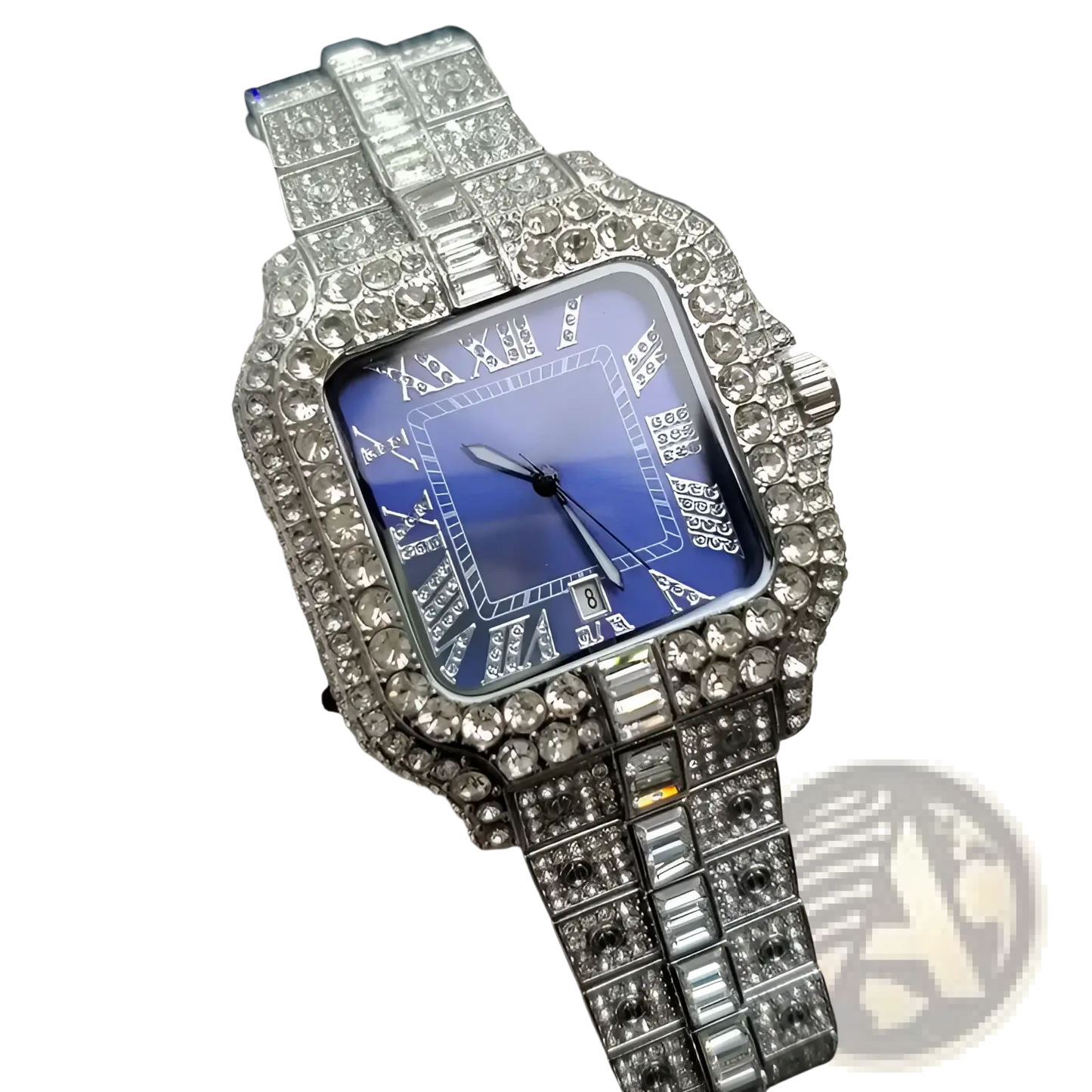 Iced out Diamond Square Watch for Men Silver Blue