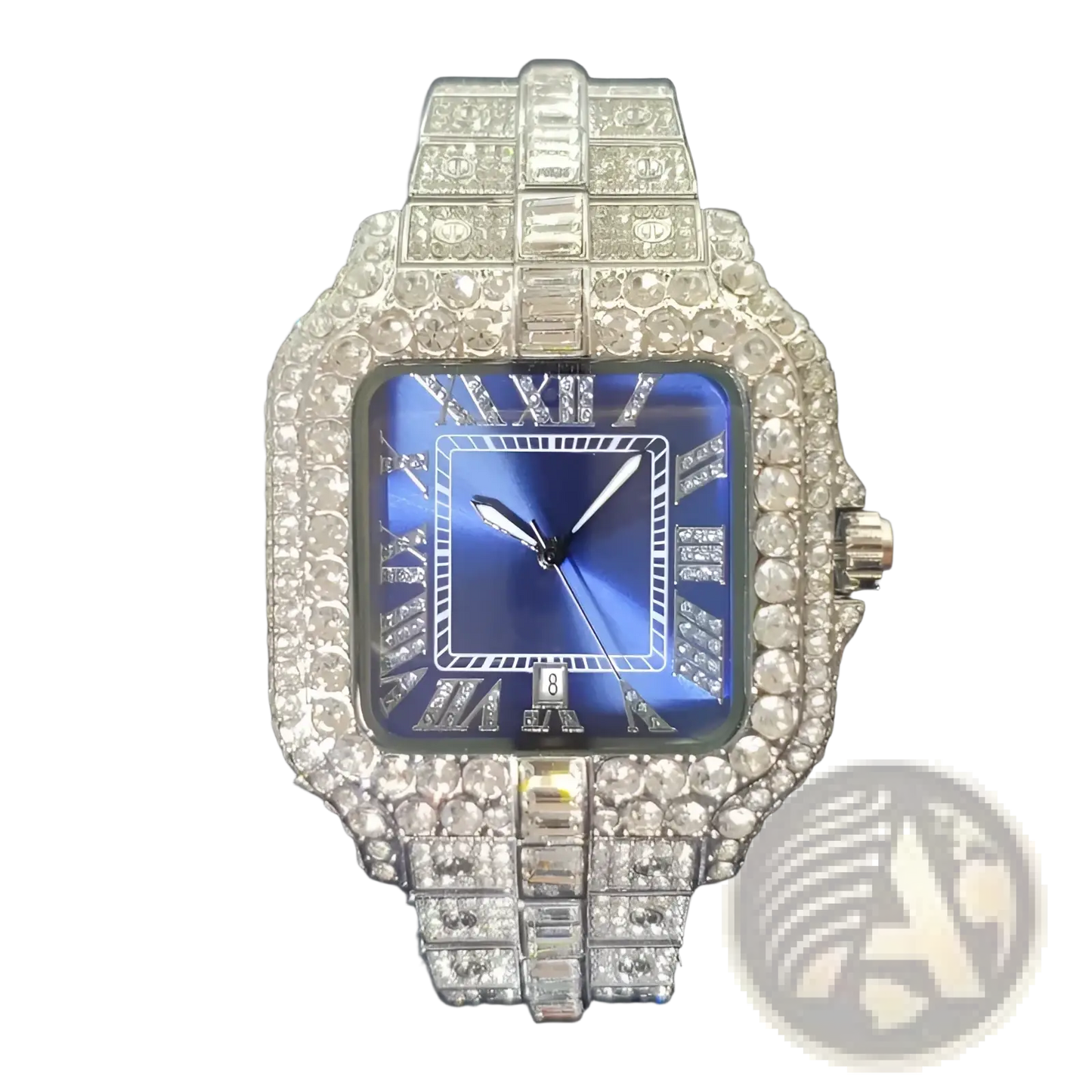 Iced out Diamond Square Watch for Men Silver Blue