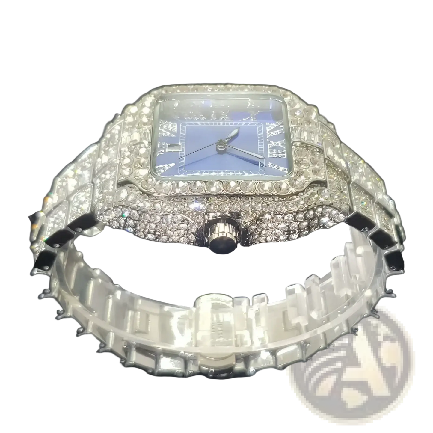 Iced out Diamond Square Watch for Men Silver Blue