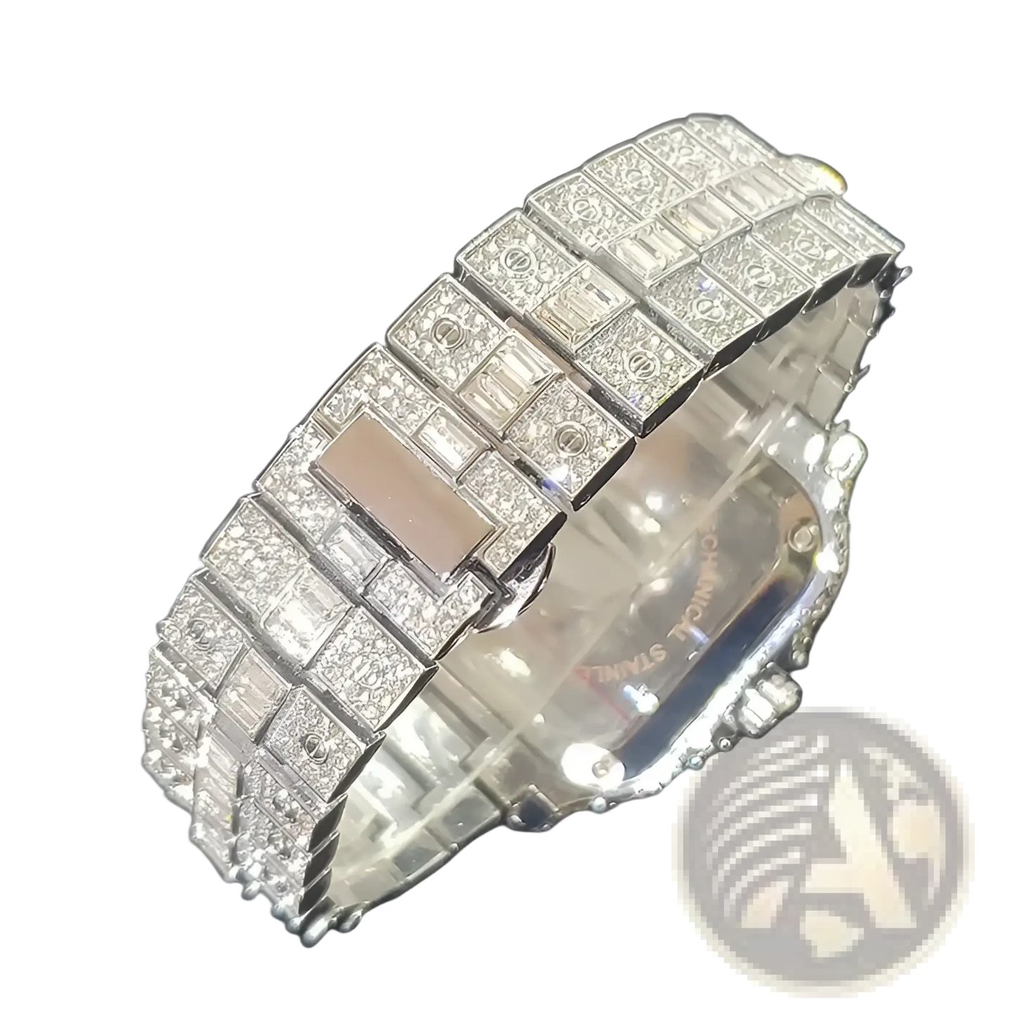 Iced out Diamond Square Watch for Men Silver Blue