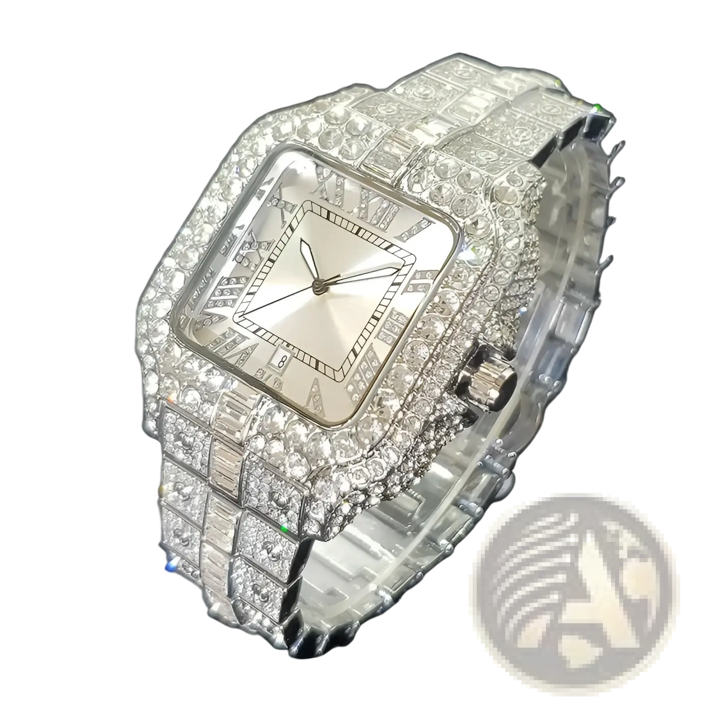 Iced out Diamond Square Watch for Men Silver Blue
