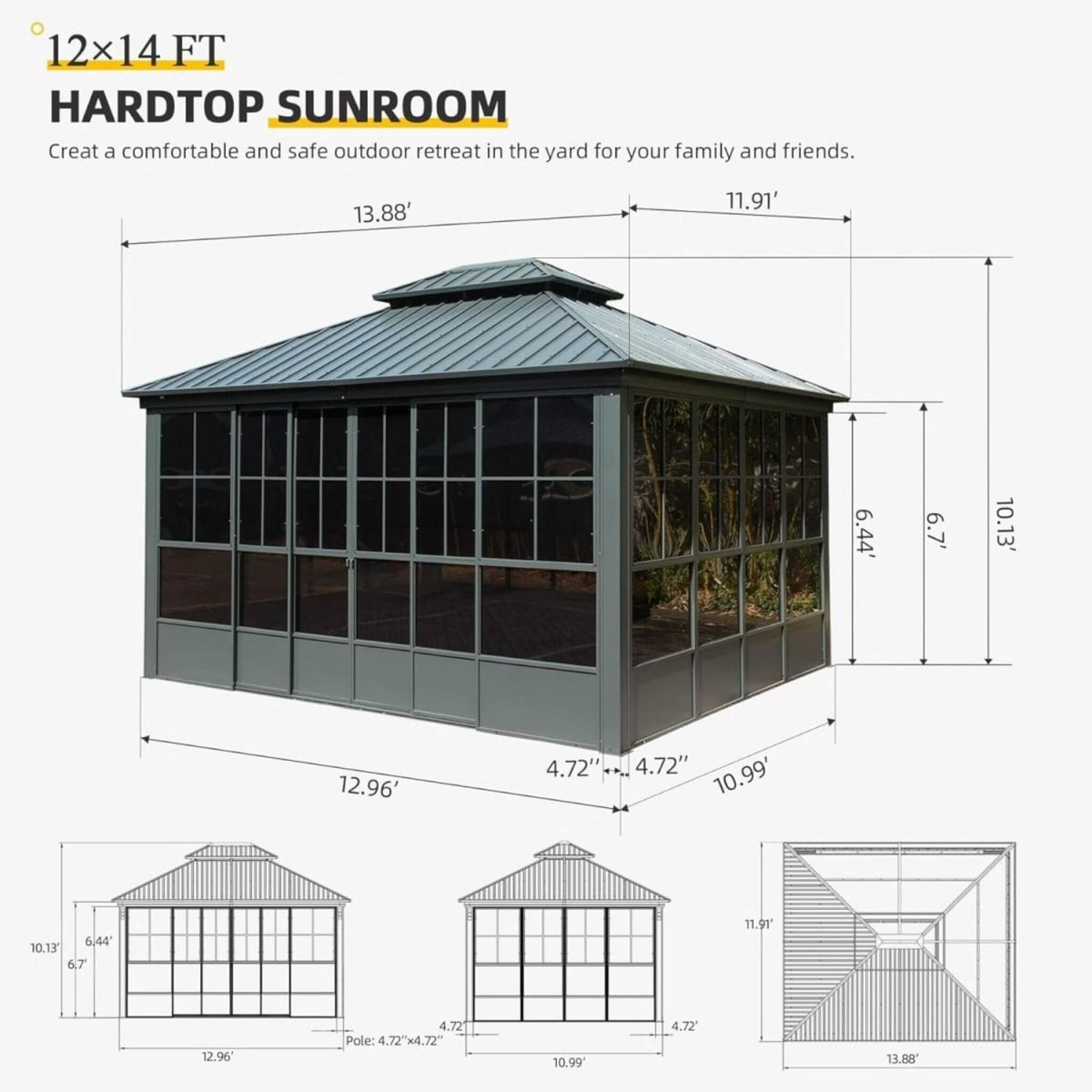 [12X14FT] Veranda Large Heavy-Duty All-Season Steel Top Aluminum Double Roof Backyard Sunroom (SAK97284)