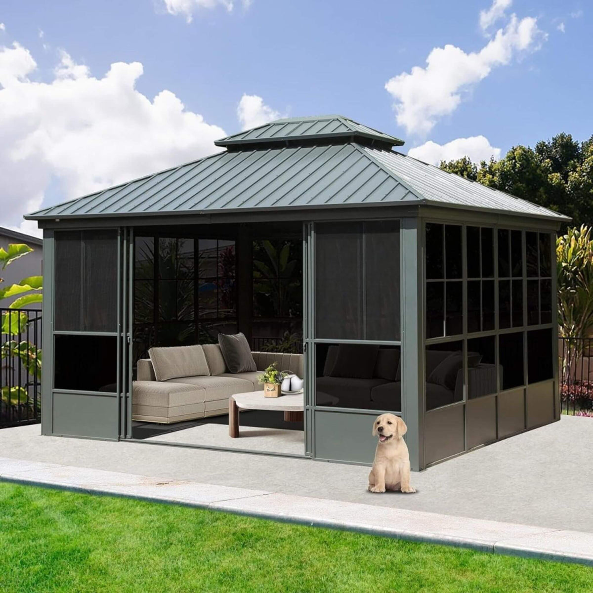[12X14FT] Veranda Large Heavy-Duty All-Season Steel Top Aluminum Double Roof Backyard Sunroom (SAK97284)