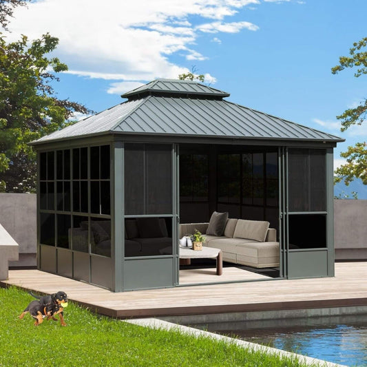 [12X14FT] Veranda Large Heavy-Duty All-Season Steel Top Aluminum Double Roof Backyard Sunroom (SAK97284)