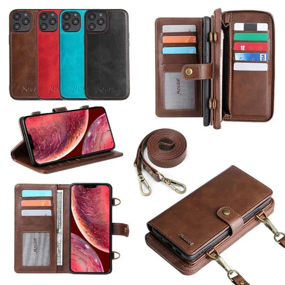 Samsung Galaxy Note Leather Zipper Wallet Case with Strap