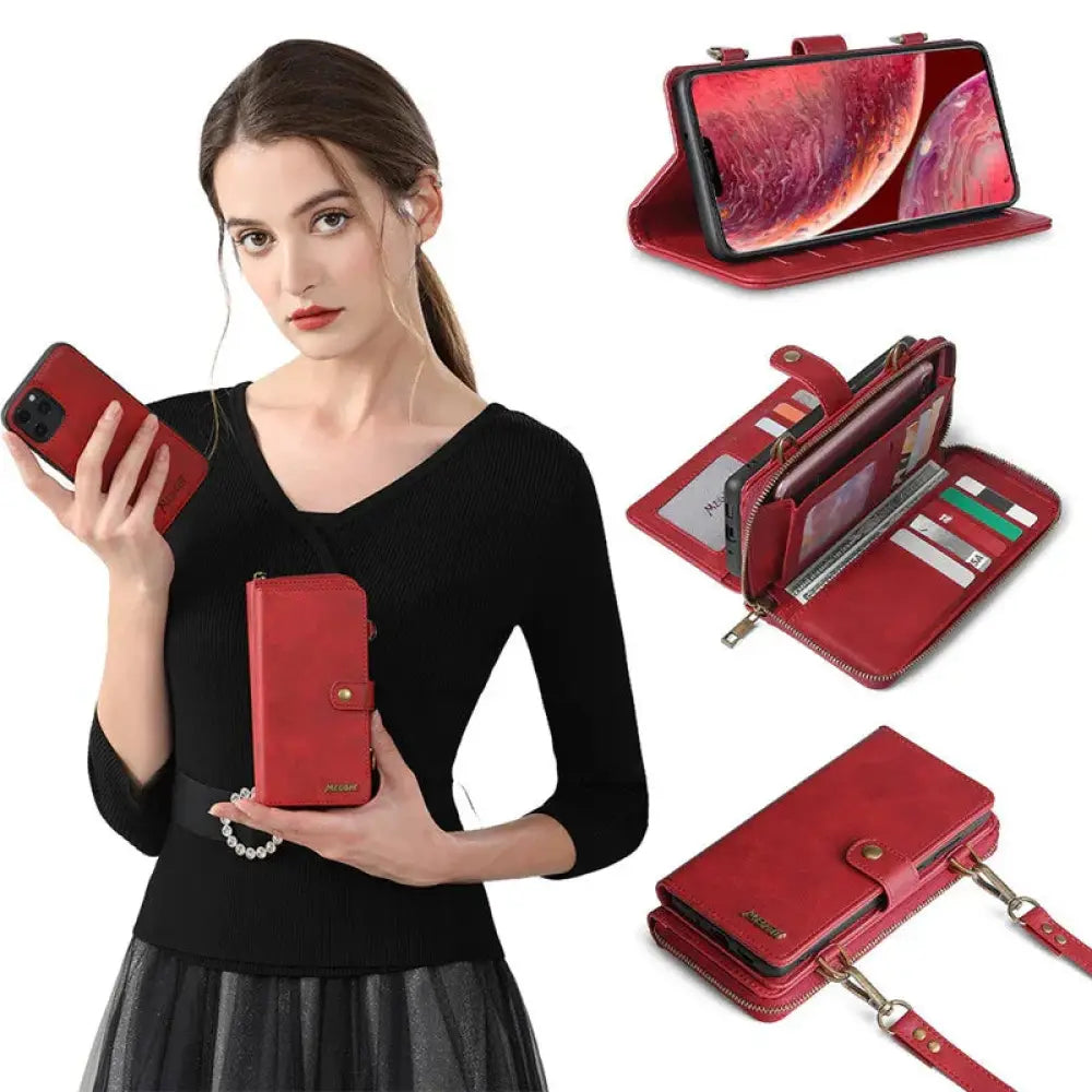 Samsung Galaxy Note Leather Zipper Wallet Case with Strap