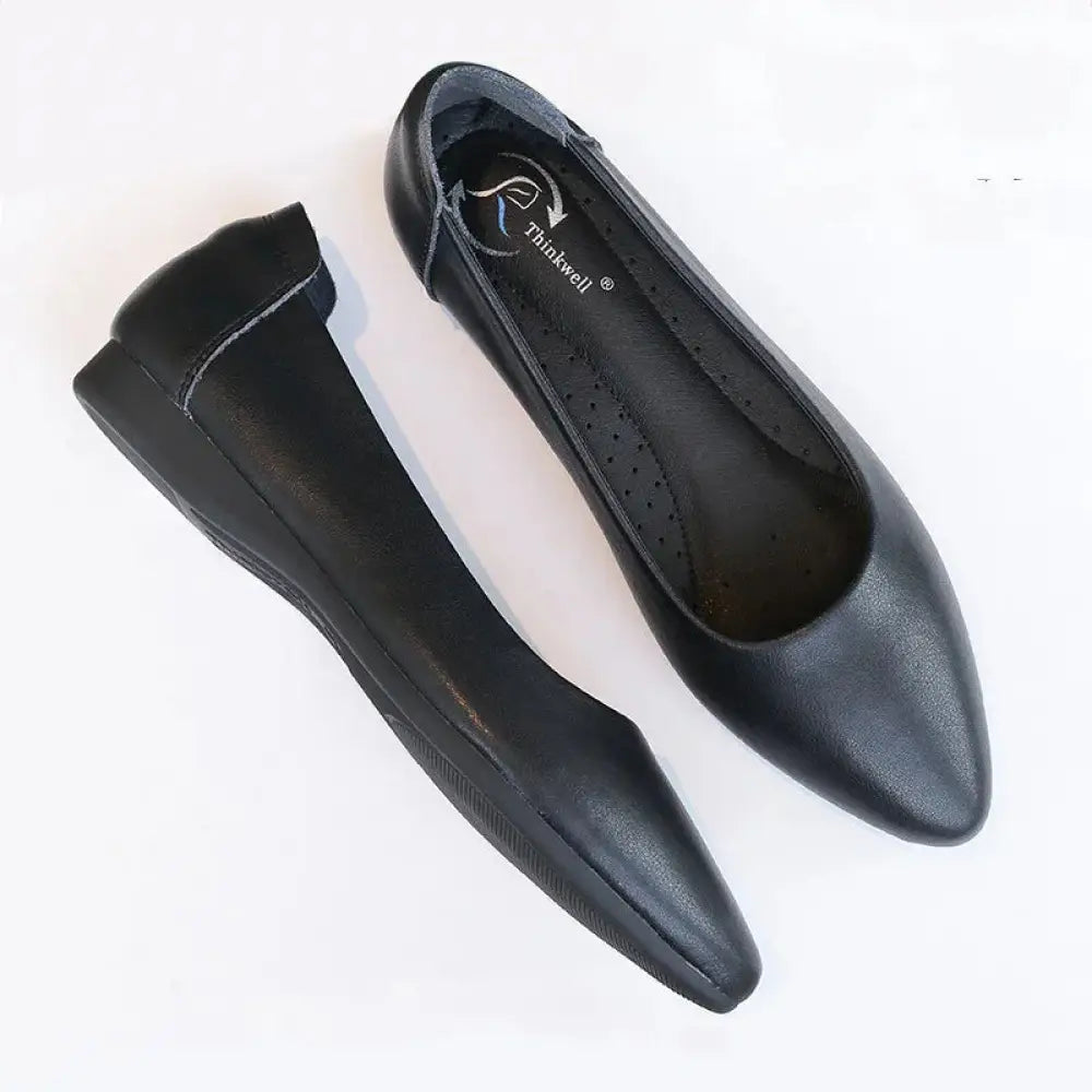 Women's Pointed Toe Black Leather Professional Work Flats