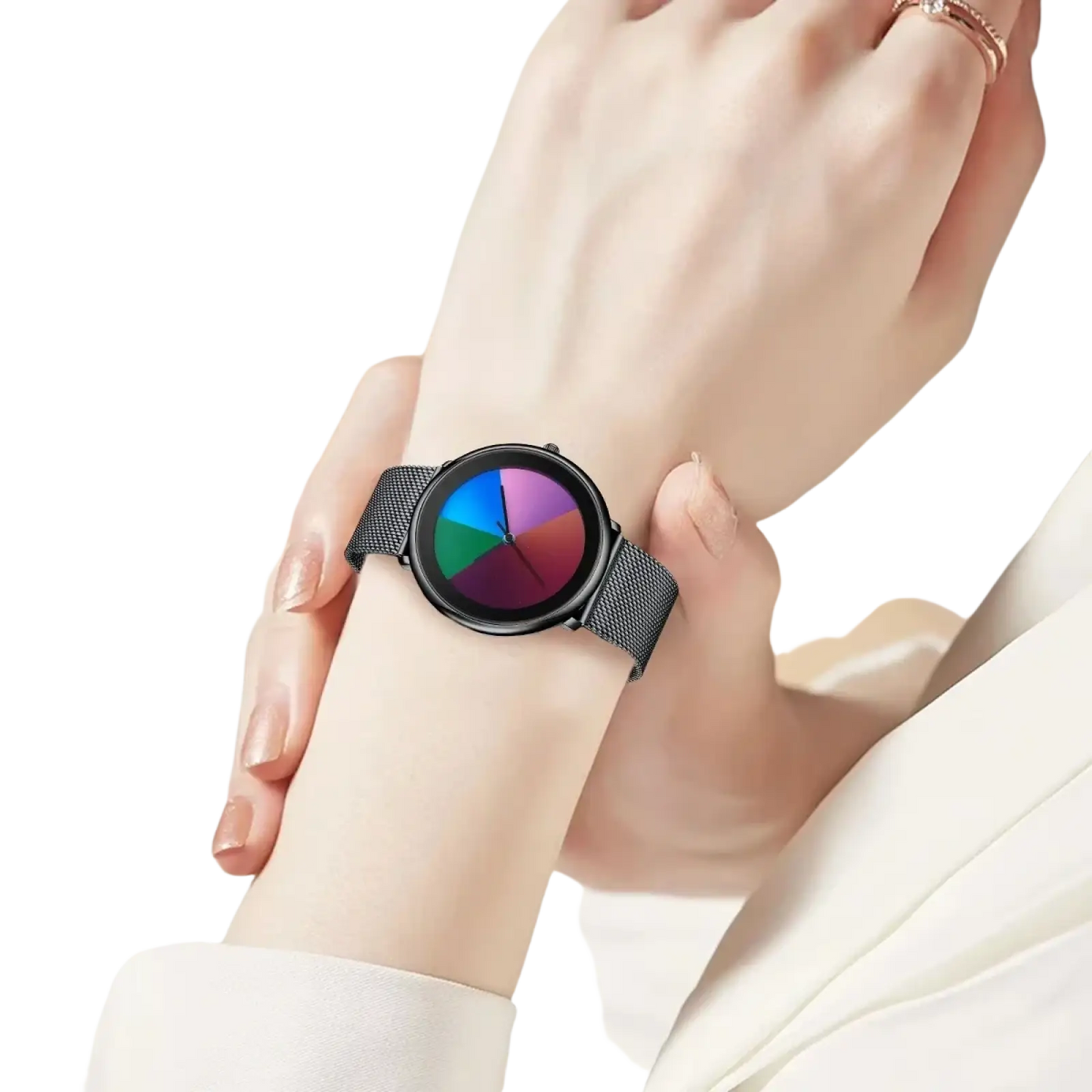 Lige Women Rainbow Dial Quartz Watch Black Mesh