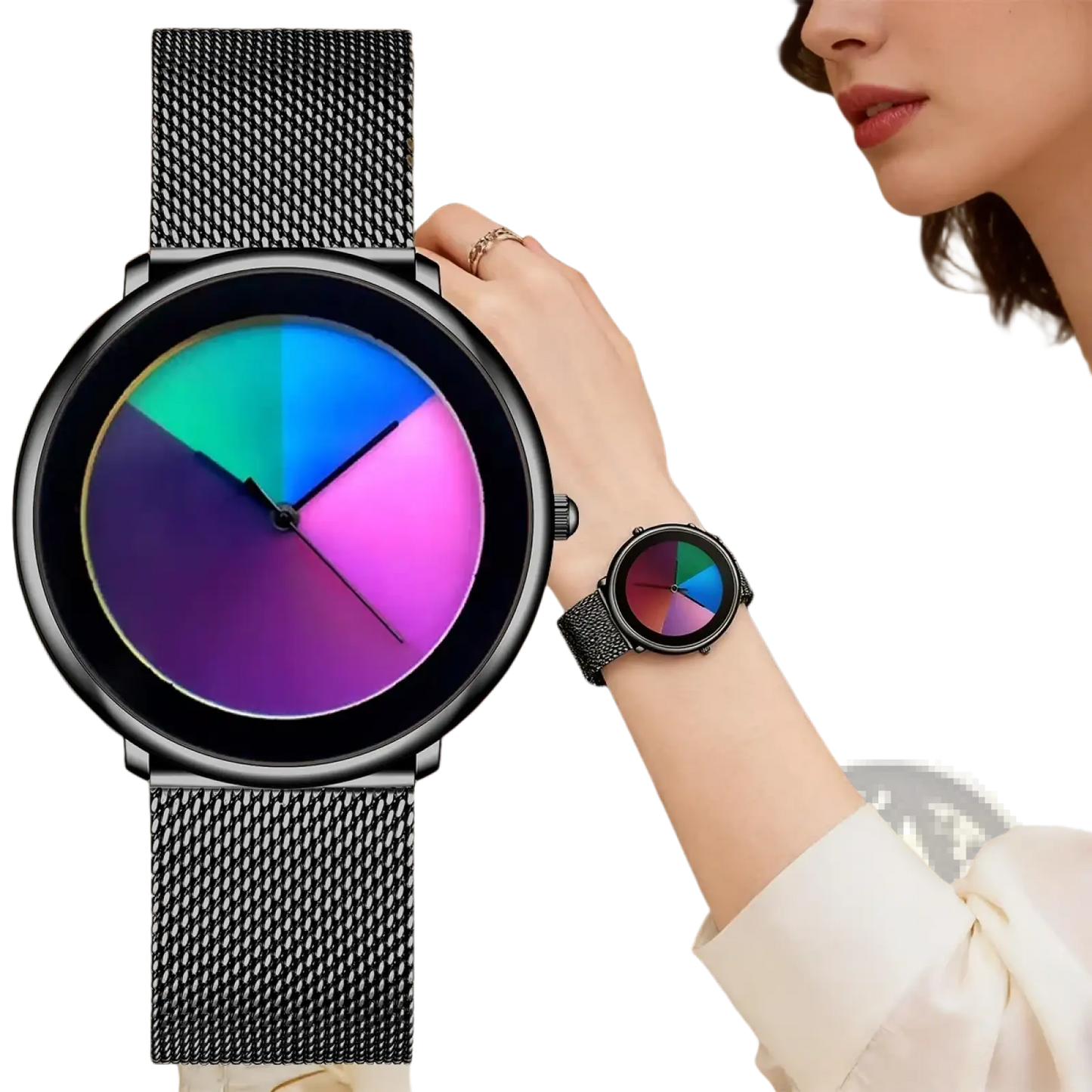 Lige Women Rainbow Dial Quartz Watch Black Mesh