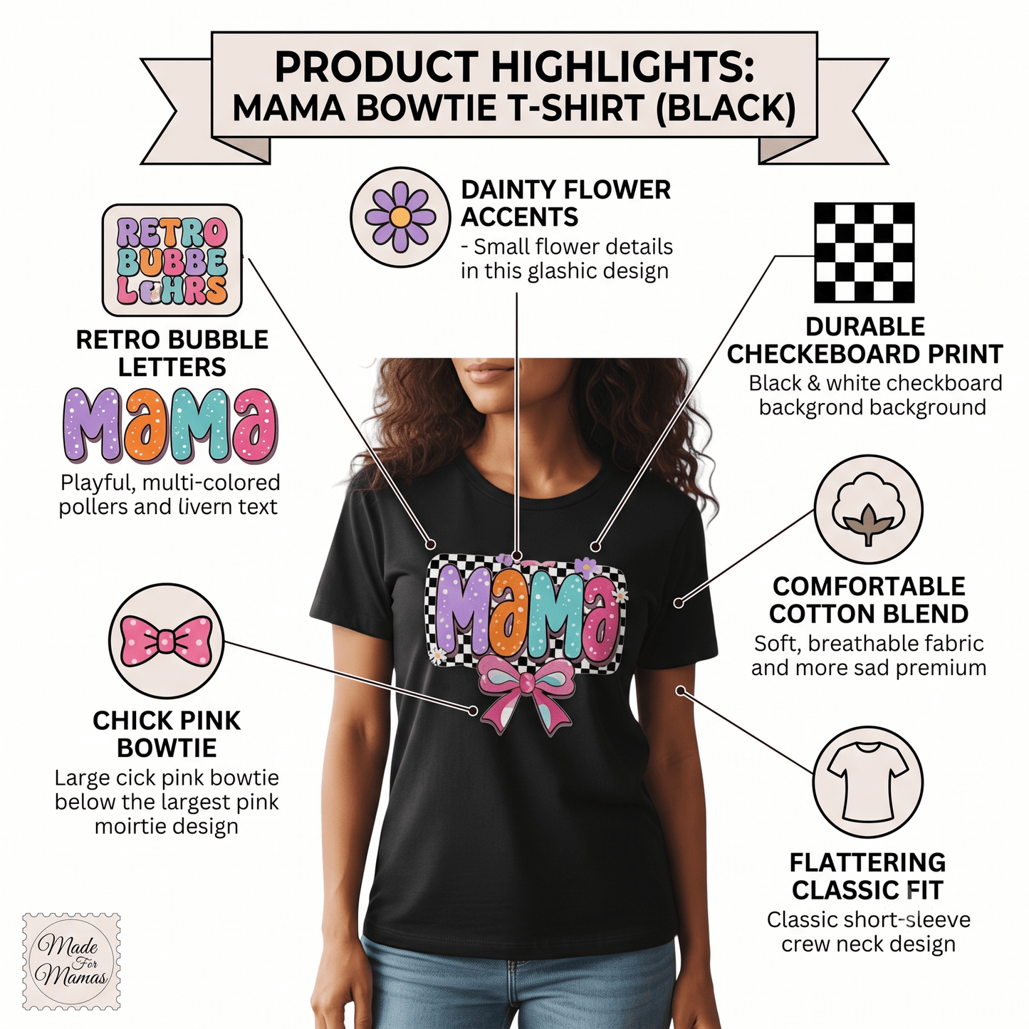 Mama T-Shirt Checkerboard Bow Graphic Tee 100% Cotton Casual Top