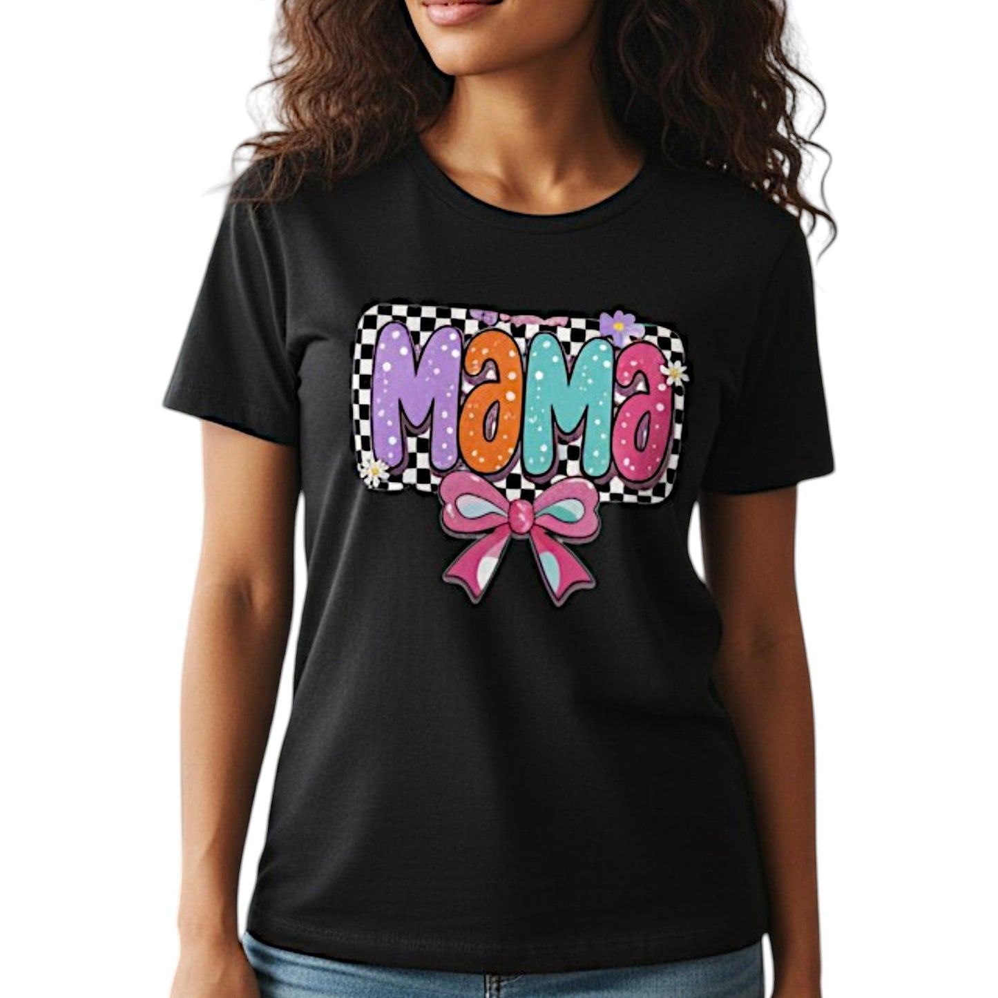 Mama T-Shirt Checkerboard Bow Graphic Tee 100% Cotton Casual Top